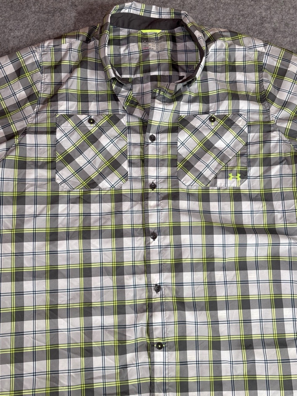 Under Armour Men’s Gray Plaid Button-Down Shirt with Neon Green Accents